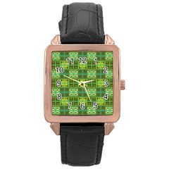 Mod Yellow Green Squares Pattern Rose Gold Leather Watch  by BrightVibesDesign