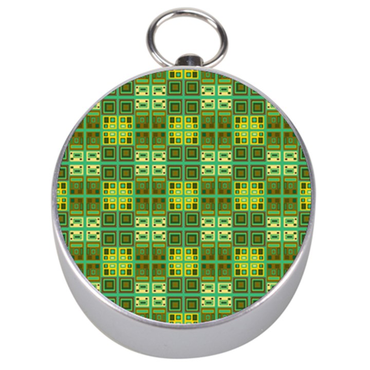 Mod Yellow Green Squares Pattern Silver Compasses