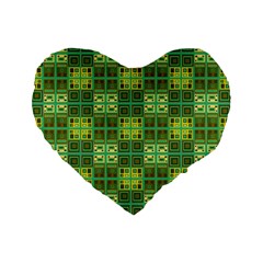 Mod Yellow Green Squares Pattern Standard 16  Premium Flano Heart Shape Cushions by BrightVibesDesign