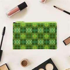 Mod Yellow Green Squares Pattern Cosmetic Bag (xs) by BrightVibesDesign