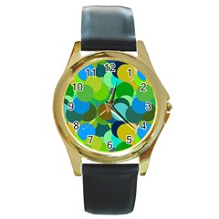 Green Aqua Teal Abstract Circles Round Gold Metal Watch by Simbadda