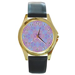 Pattern Pink Hexagon Flower Design Round Gold Metal Watch by Simbadda