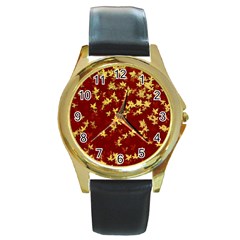 Background Design Leaves Pattern Round Gold Metal Watch by Simbadda