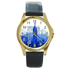 Skyline Skyscraper Abstract Points Round Gold Metal Watch by Simbadda