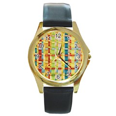 Woven Pattern Background Yellow Round Gold Metal Watch by Simbadda