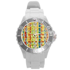 Woven Pattern Background Yellow Round Plastic Sport Watch (l) by Simbadda