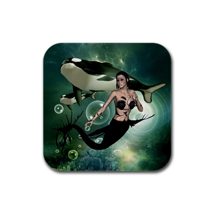 Wonderful Dark Mermaid With Awesome Orca Rubber Square Coaster (4 pack) 