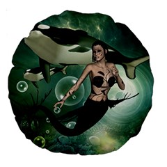 Wonderful Dark Mermaid With Awesome Orca Large 18  Premium Round Cushions by FantasyWorld7