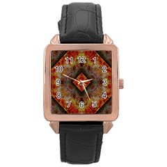 Autumn Kaleidoscope Art Pattern Rose Gold Leather Watch 