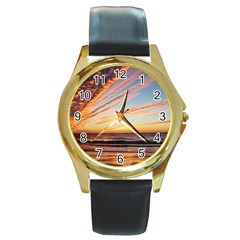 Sunset Beach Ocean Scenic Round Gold Metal Watch by Simbadda