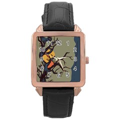 Art Drawing Abstract Blue Yellow Rose Gold Leather Watch  by Celenk