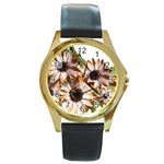 Sun Daisies Leaves Flowers Round Gold Metal Watch Front