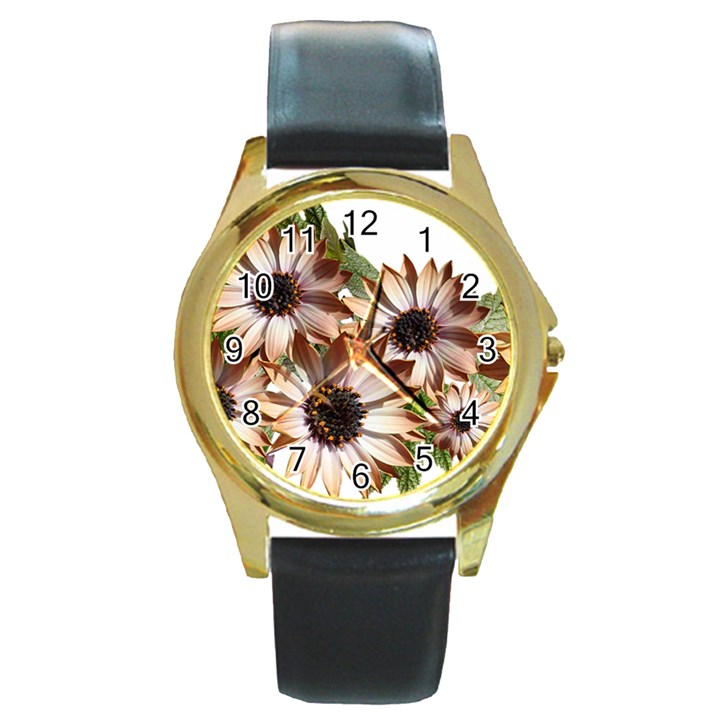 Sun Daisies Leaves Flowers Round Gold Metal Watch