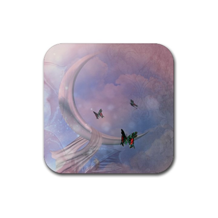 The Wonderful Moon With Butterflies Rubber Coaster (Square) 