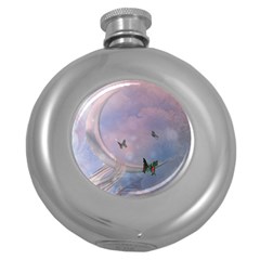 The Wonderful Moon With Butterflies Round Hip Flask (5 Oz) by FantasyWorld7