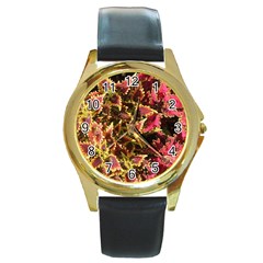 Plant Leaves Foliage Pattern Round Gold Metal Watch by Celenk