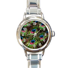 Peacock Feathers Color Plumage Round Italian Charm Watch by Celenk