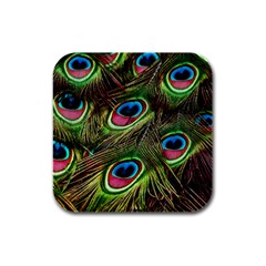 Peacock Feathers Color Plumage Rubber Square Coaster (4 Pack)  by Celenk