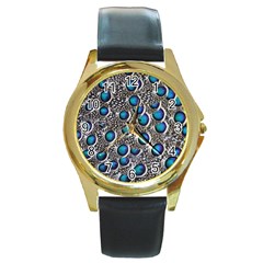 Peacock Pattern Close Up Plumage Round Gold Metal Watch