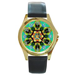 Chakra Art Heart Healing Blue Round Gold Metal Watch by Simbadda