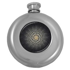 Fractal Mandala Feathers Grey Round Hip Flask (5 Oz) by Simbadda