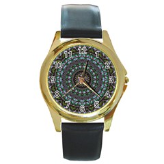 Fractal Kaleidoscope Mandala Round Gold Metal Watch by Simbadda