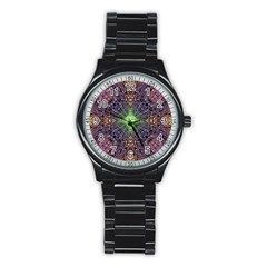 Mandala Carpet Pattern Geometry Stainless Steel Round Watch by Simbadda