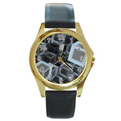 3d Cube Fantasy Square Shape Round Gold Metal Watch