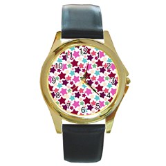 Stars Pattern Round Gold Metal Watch