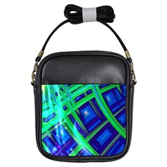 Green Blue Squares Fractal Girls Sling Bag by bloomingvinedesign