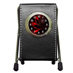 Red Black Abstract Curve Dark Flame Pattern Pen Holder Desk Clock by Nexatart