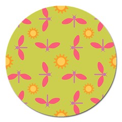 Dragonfly Sun Flower Seamlessly Magnet 5  (Round)