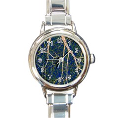 Green Leaves Blue Background Night Round Italian Charm Watch by Nexatart