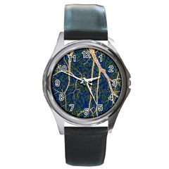 Green Leaves Blue Background Night Round Metal Watch by Nexatart