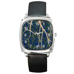 Green Leaves Blue Background Night Square Metal Watch by Nexatart