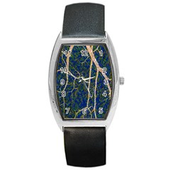 Green Leaves Blue Background Night Barrel Style Metal Watch by Nexatart