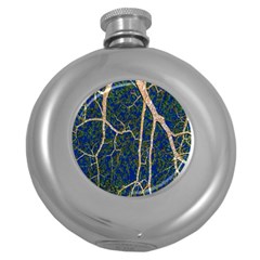 Green Leaves Blue Background Night Round Hip Flask (5 Oz) by Nexatart