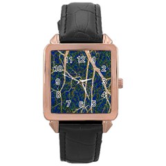 Green Leaves Blue Background Night Rose Gold Leather Watch  by Nexatart