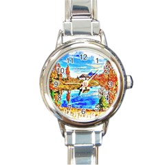 Lake Chalet Mountain Art Round Italian Charm Watch by Nexatart