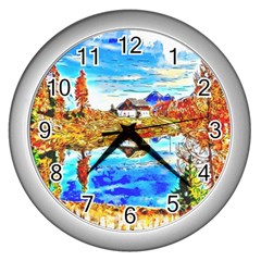 Lake Chalet Mountain Art Wall Clock (silver)