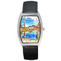 Lake Chalet Mountain Art Barrel Style Metal Watch by Nexatart