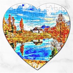 Lake Chalet Mountain Art Jigsaw Puzzle (heart) by Nexatart