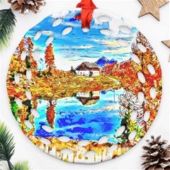 Lake Chalet Mountain Art Round Filigree Ornament (two Sides) by Nexatart