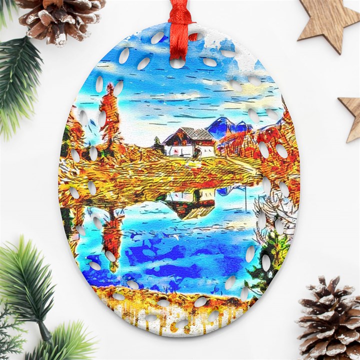 Lake Chalet Mountain Art Ornament (Oval Filigree)