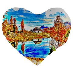 Lake Chalet Mountain Art Large 19  Premium Heart Shape Cushions by Nexatart