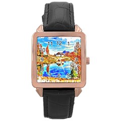 Lake Chalet Mountain Art Rose Gold Leather Watch 