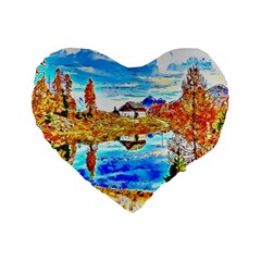 Lake Chalet Mountain Art Standard 16  Premium Flano Heart Shape Cushions by Nexatart