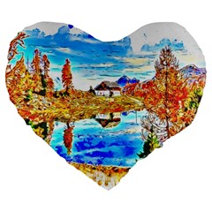 Lake Chalet Mountain Art Large 19  Premium Flano Heart Shape Cushions