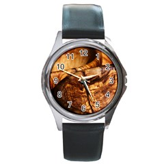 Olive Wood Wood Grain Structure Round Metal Watch by Sapixe