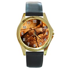 Olive Wood Wood Grain Structure Round Gold Metal Watch by Sapixe